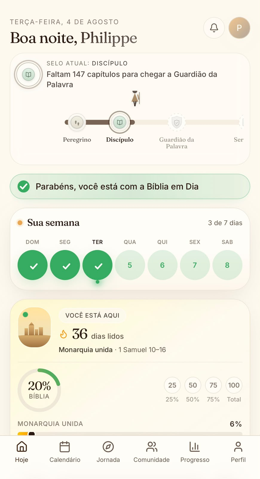 Tela Hoje do Bíblia em Dia: saudação, selo atual, trilha de selos e cards de progresso