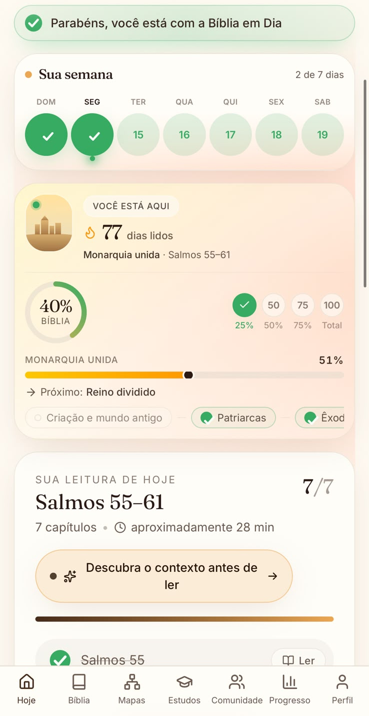 Tela Hoje com plano de leitura, semana e progresso