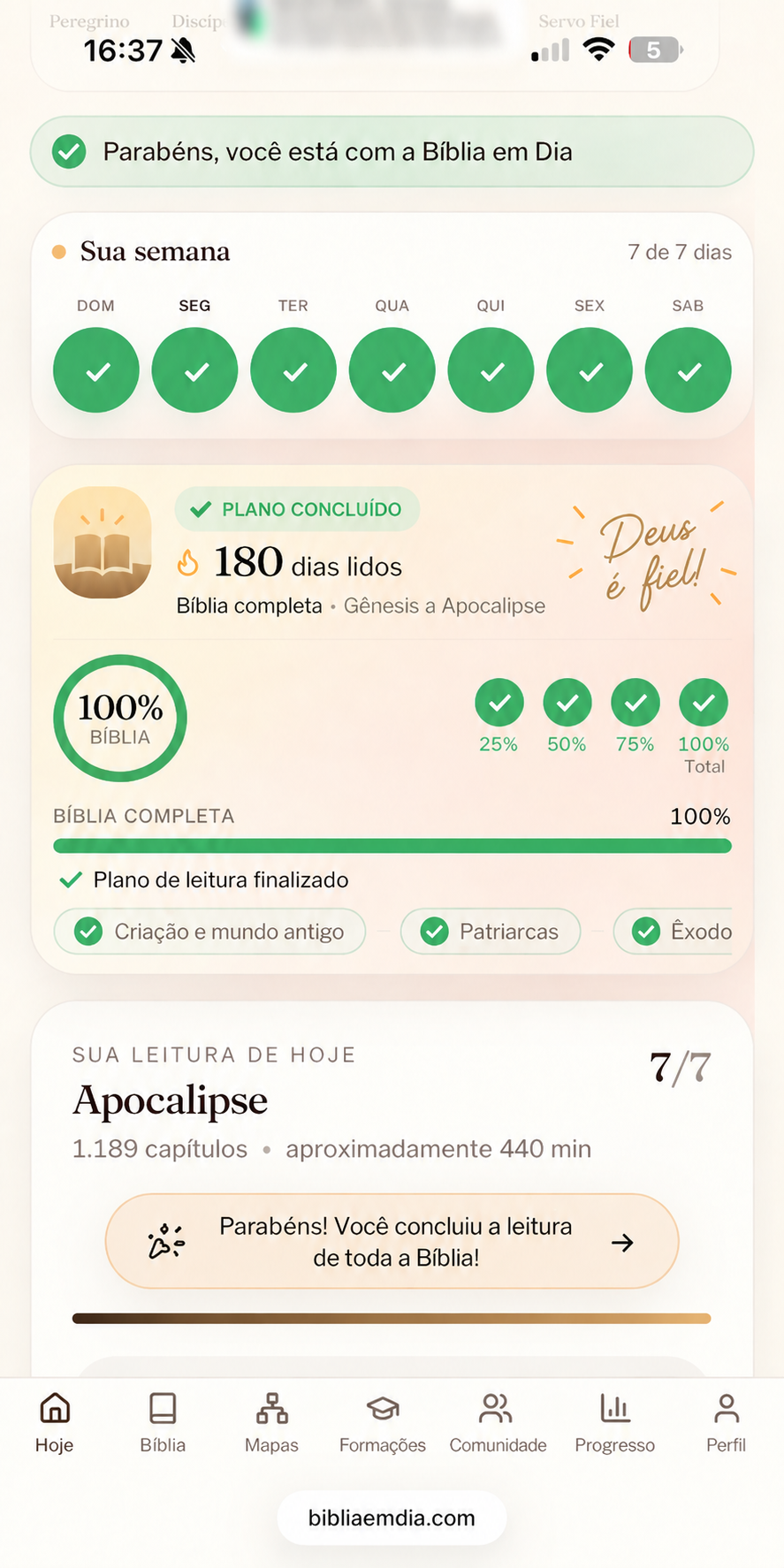 Tela Hoje do Bíblia em Dia mostrando o plano de leitura completo de Gênesis a Apocalipse