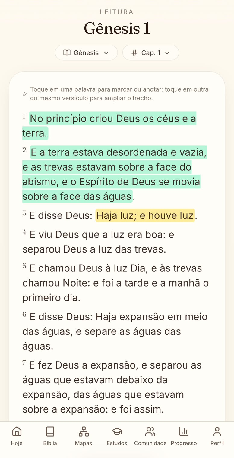 Tela de leitura da Bíblia com versículos marcados